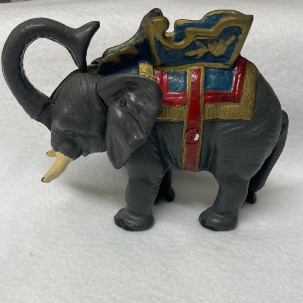 Vintage Mechanical Elephant Coin Bank Cast Iron Metal Circus - Working